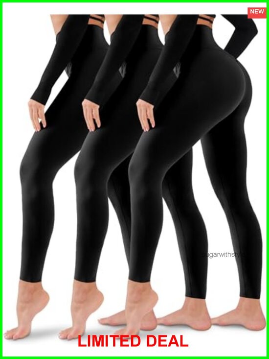 Pants - High Waisted Tummy Control Yoga Leggings, 3 Pack, Non See-Through Workout Pants